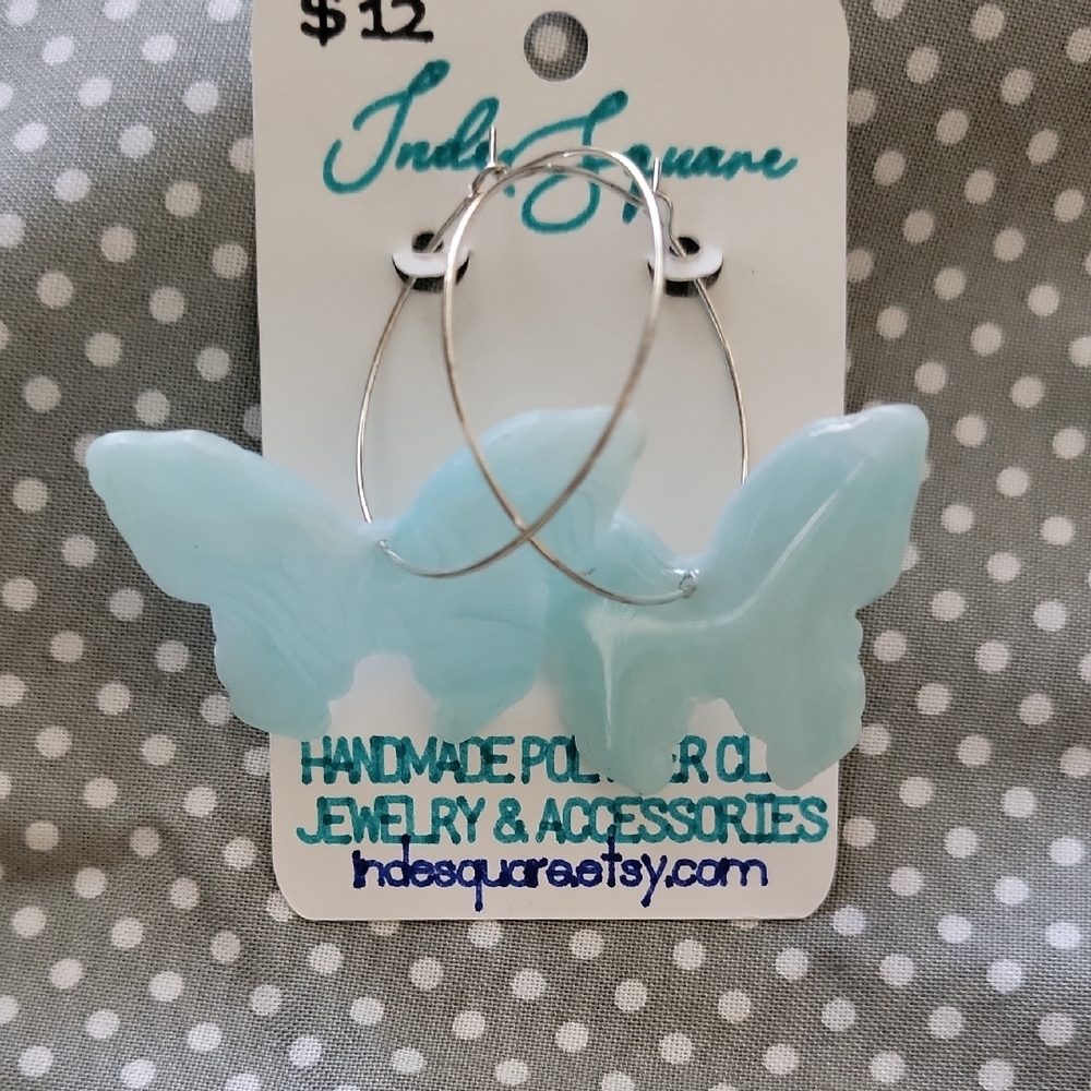 Butterfly Hoop Earrings in Light Blue